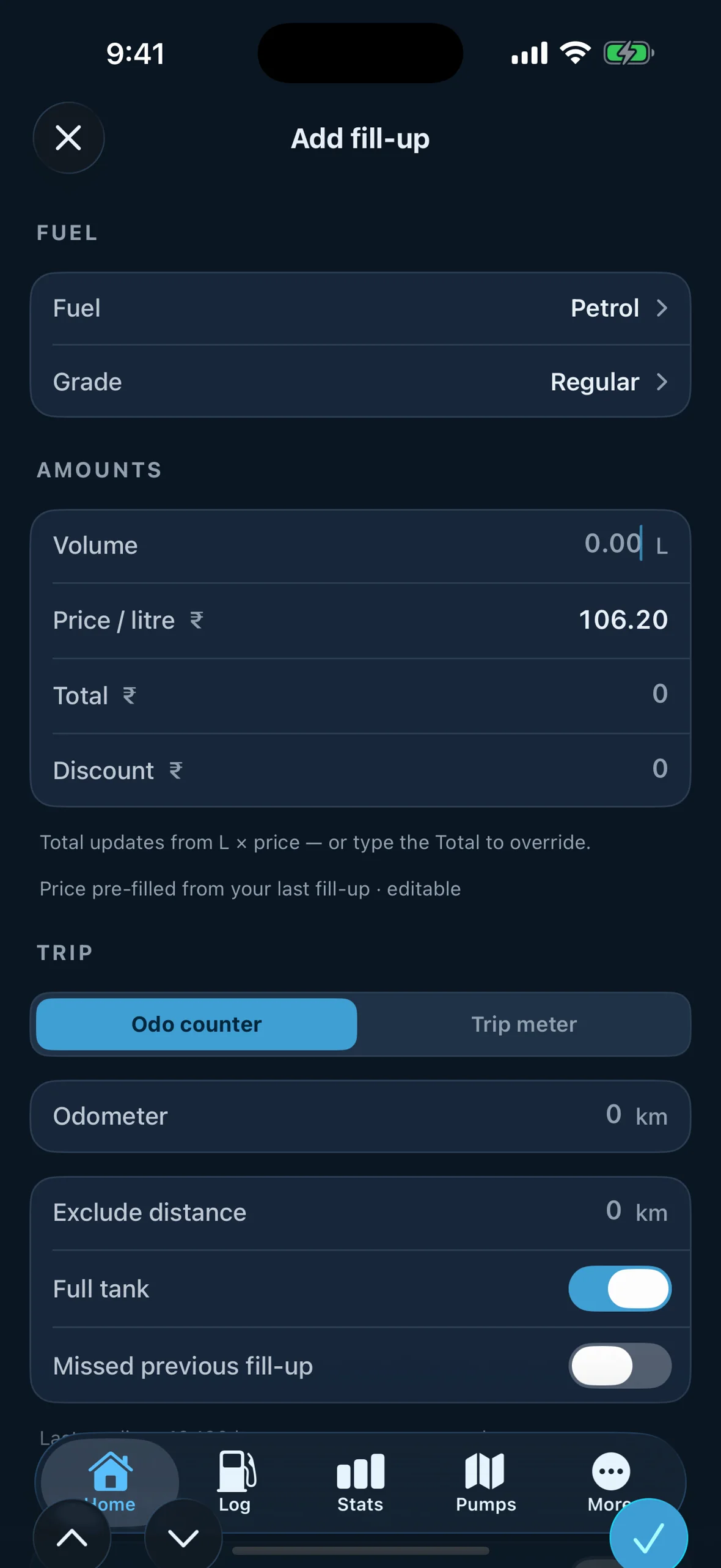 Add fill-up — litres, amount and odometer, or scan the pump