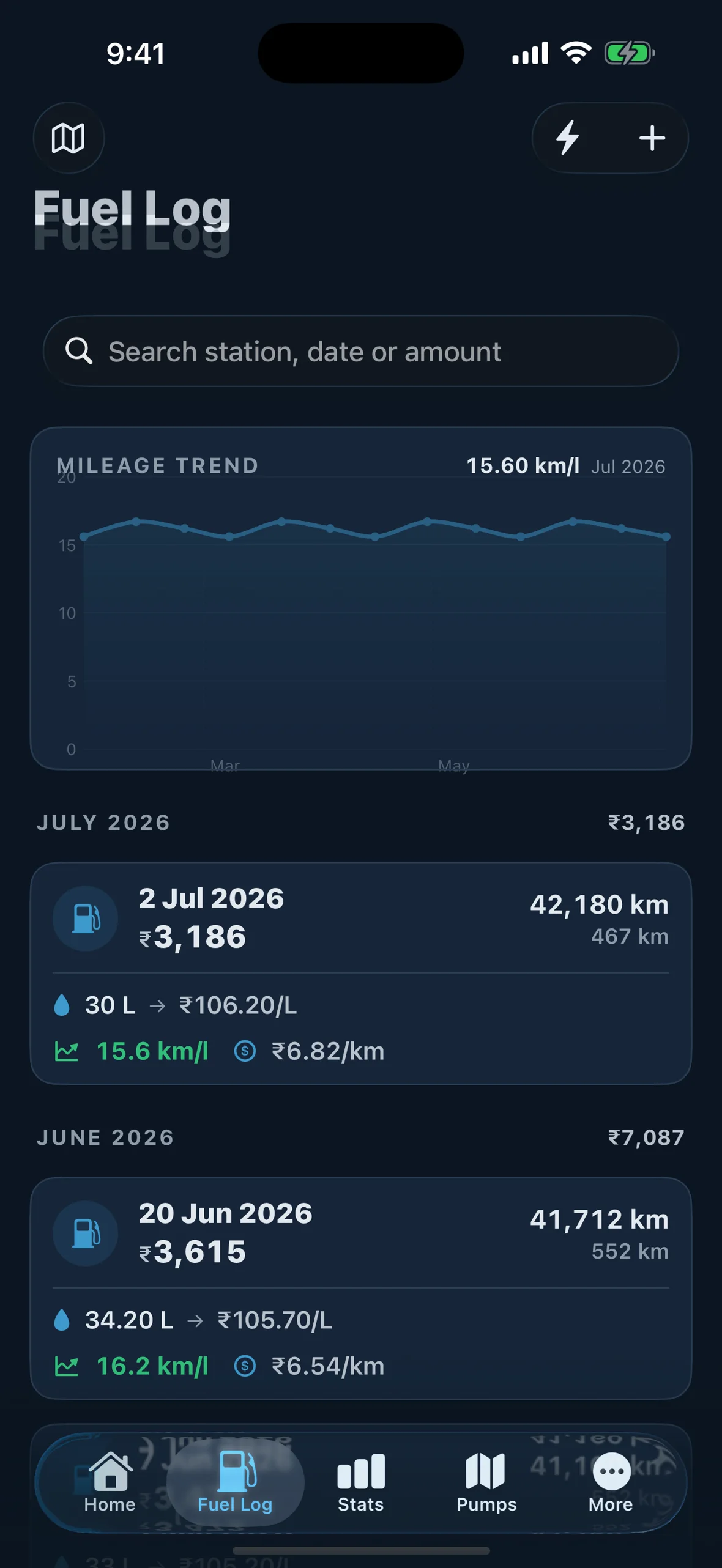 Bharometer fuel log — every fill-up with litres, price and mileage